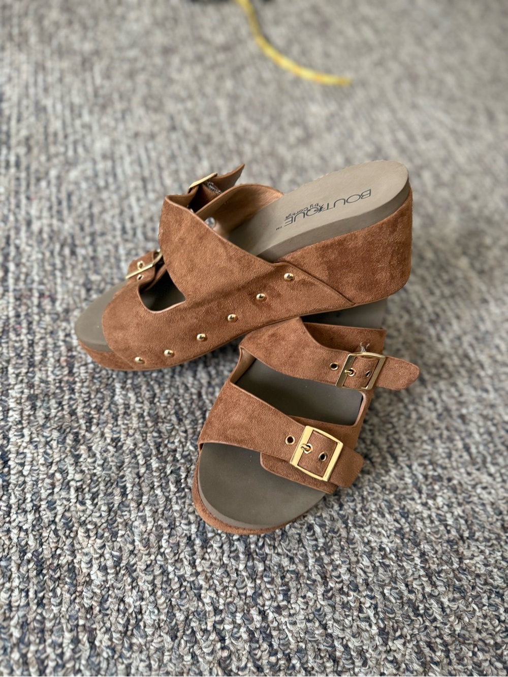 Brown Suede Buckle Wedge Sandals by Boutique 9